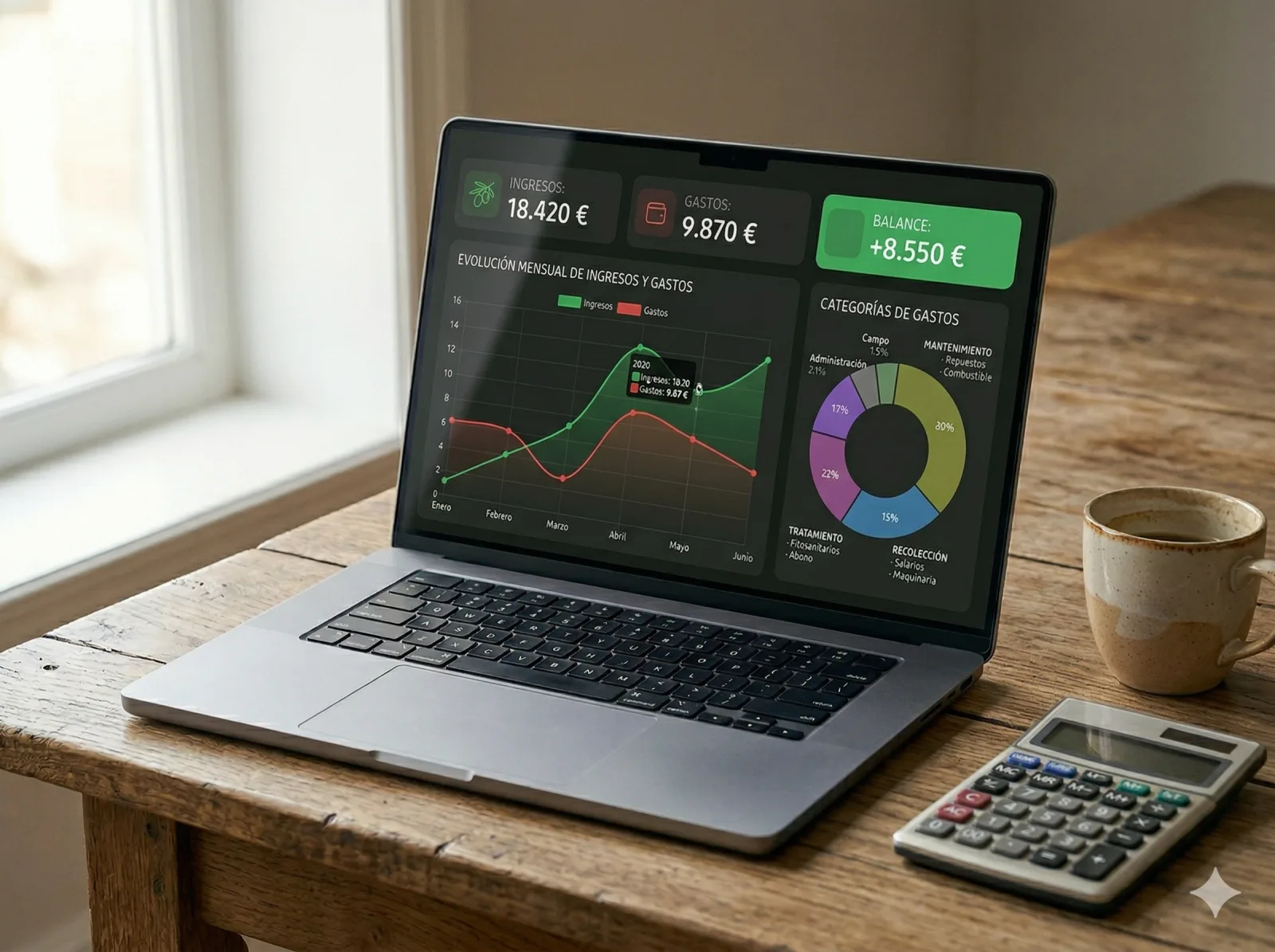 Dashboard económico del olivar con gráficos de evolución mensual en MiOlivar