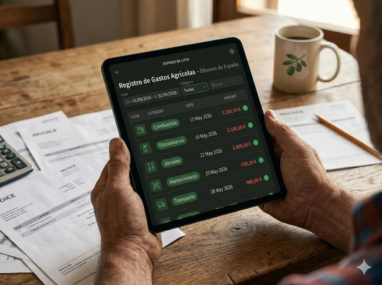 Listado de gastos categorizados del olivar en MiOlivar