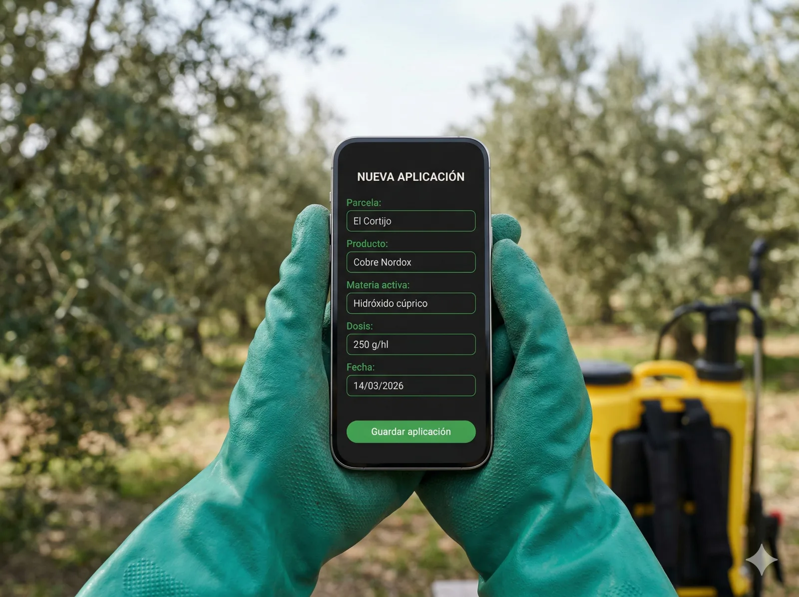 Registro de una aplicación fitosanitaria con parcela, producto y dosis en MiOlivar