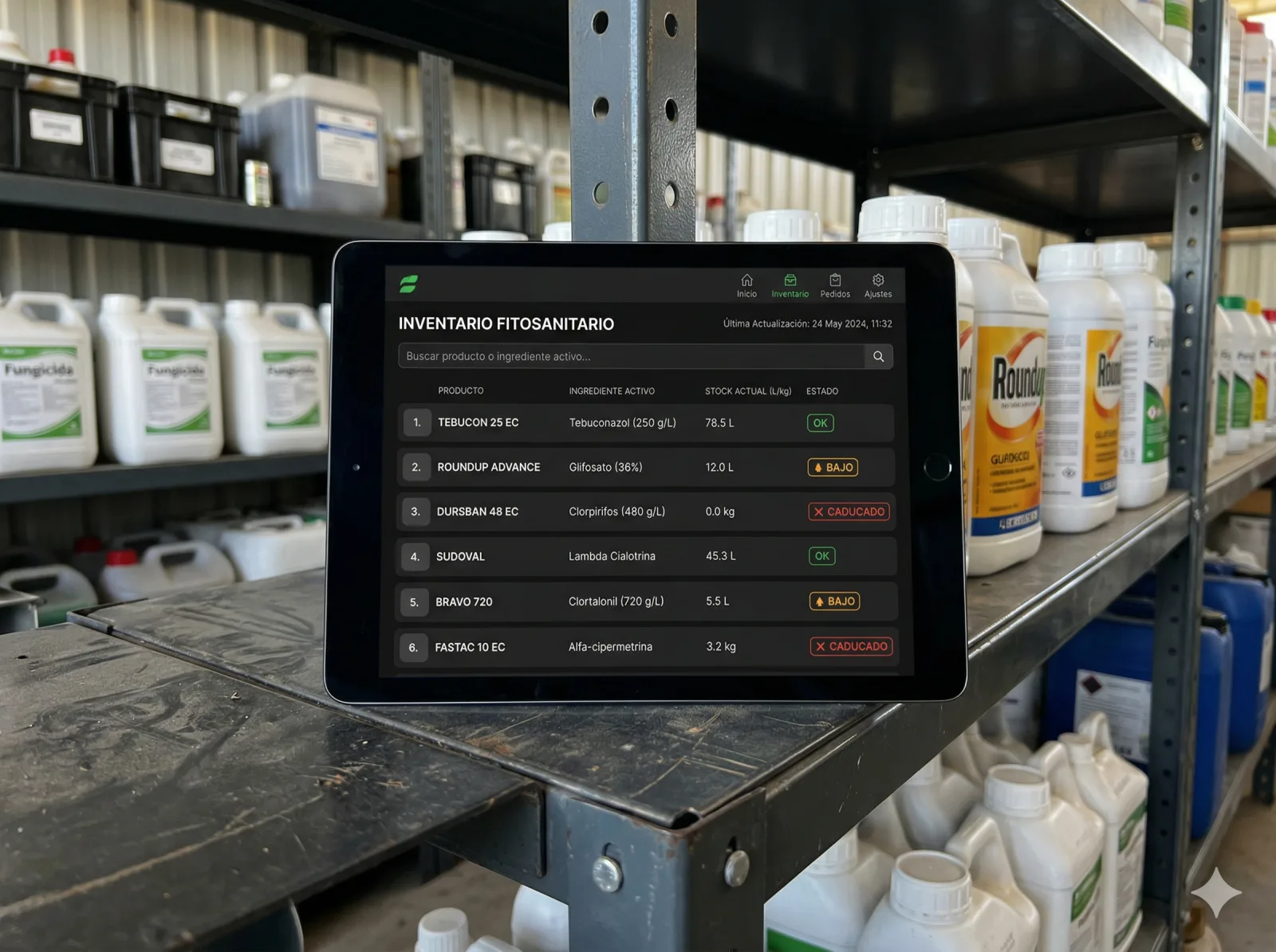 Inventario de fitosanitarios con stock y materia activa en MiOlivar