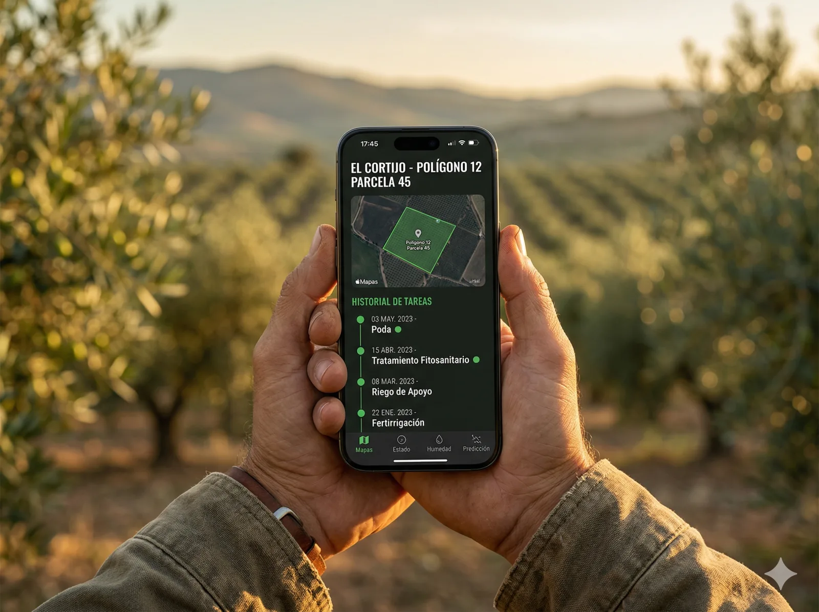 Detalle de parcela de olivar con historial de tareas en MiOlivar