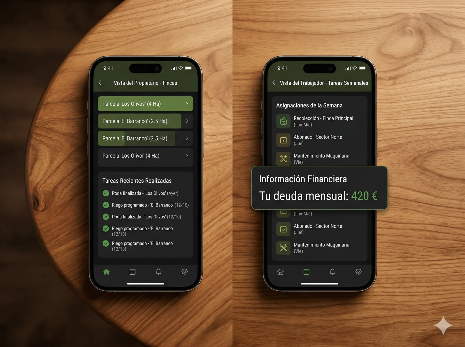 Paneles enfrentados de propietario y trabajador en MiOlivar