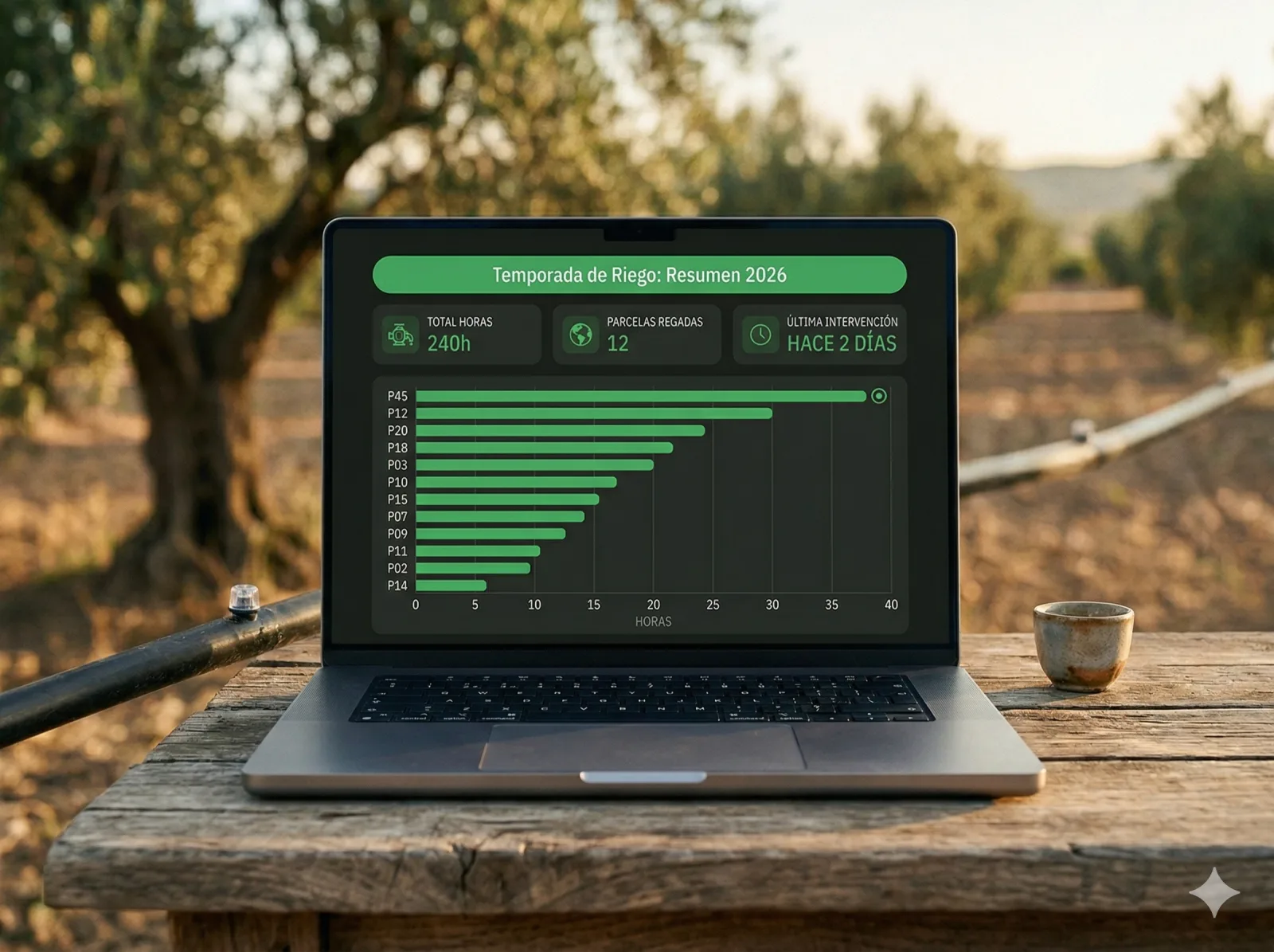Resumen de temporada de riego del olivar con gráfico comparativo en MiOlivar