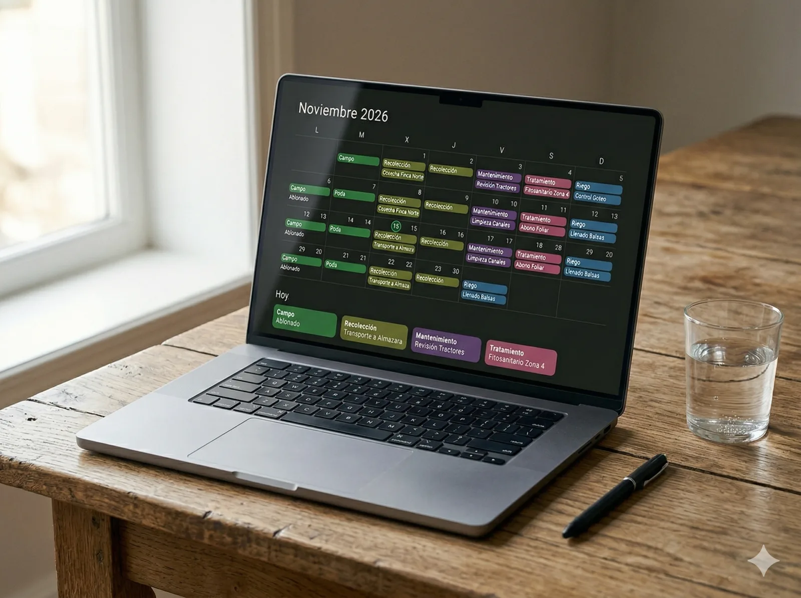 Calendario mensual de tareas del olivar codificadas por color en MiOlivar